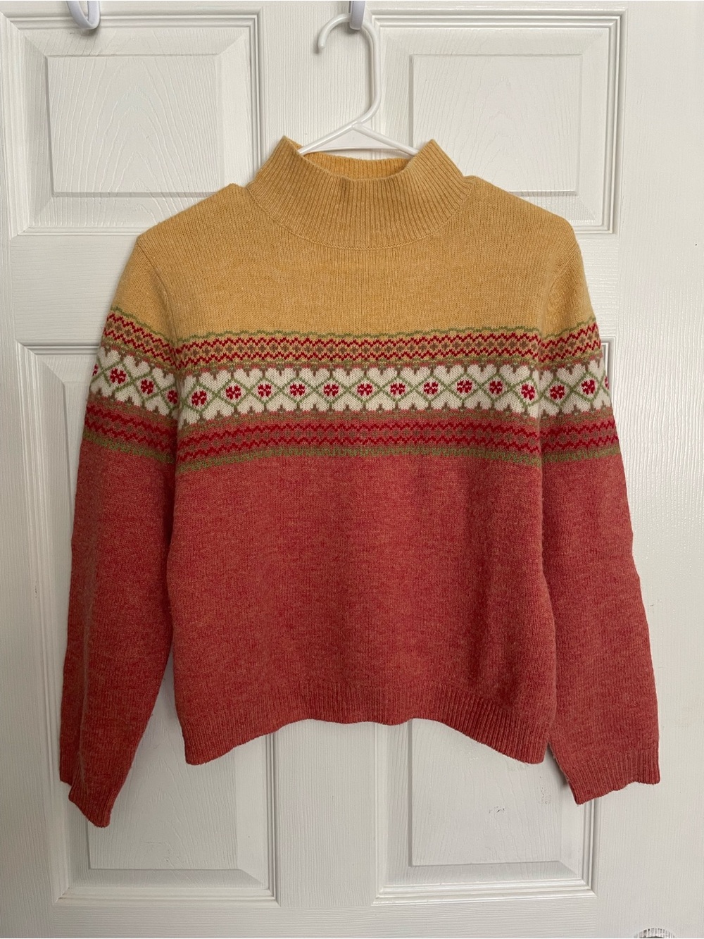Kenji 100% Lambswool Women's size Small Mustard and Red Fair Isle Knit Sweater